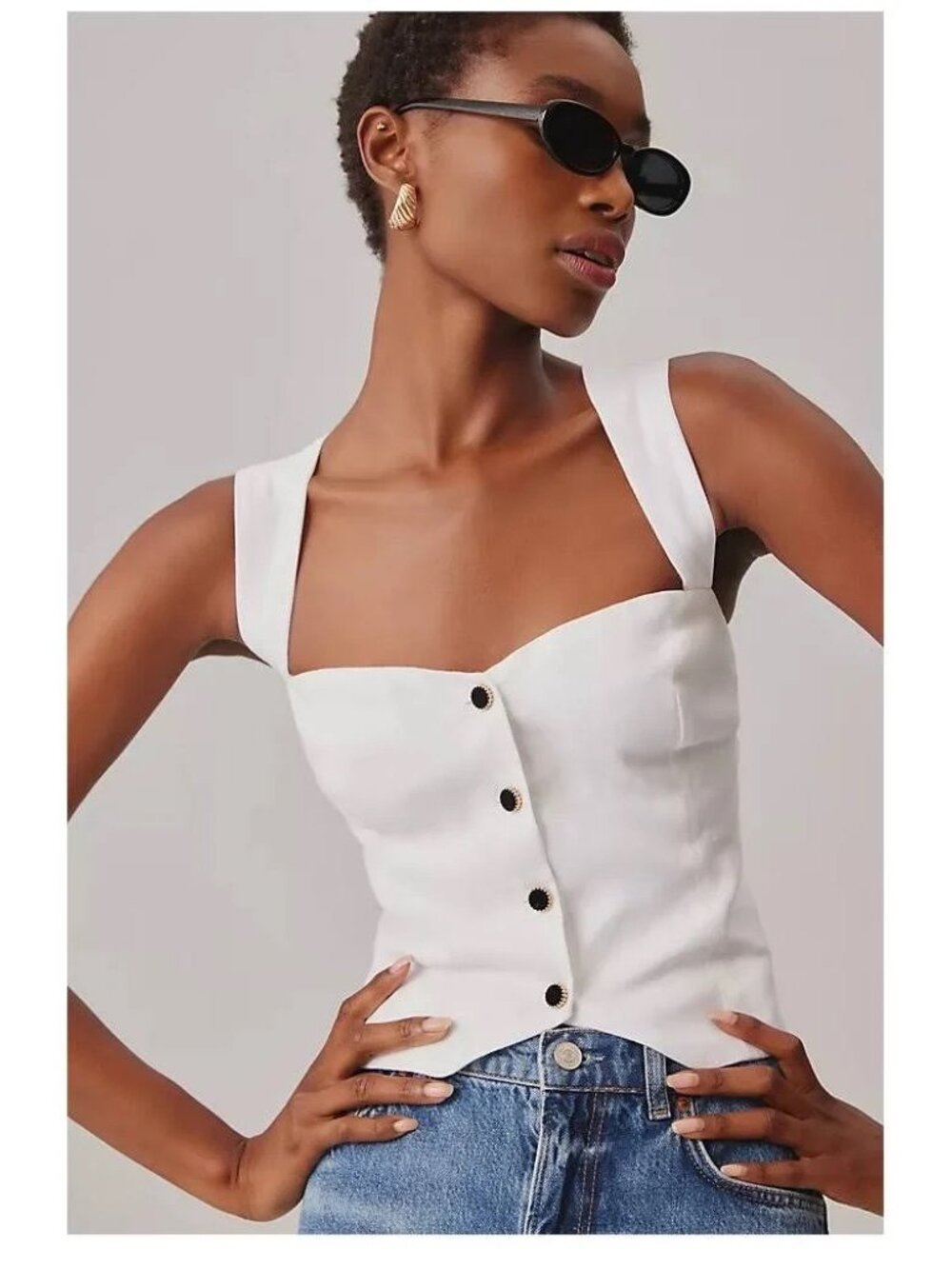 Reformation Kimberly Linen Top — White with Black Buttons